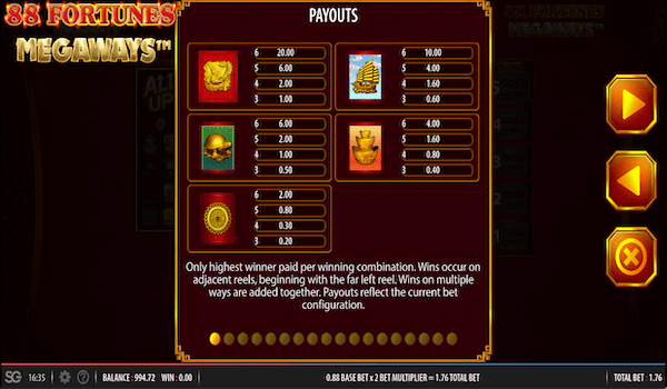 88 Fortunes Megaways paytable