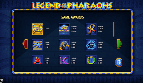 Legend of the Pharaohs paytable