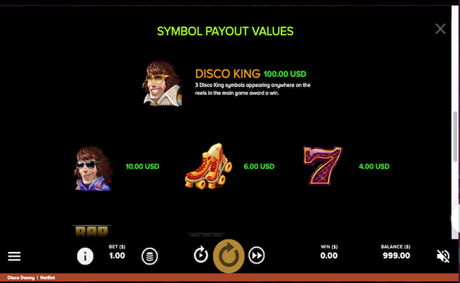 disco danny symbol payout values