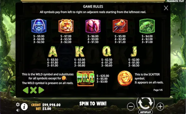 jungle gorilla paytable