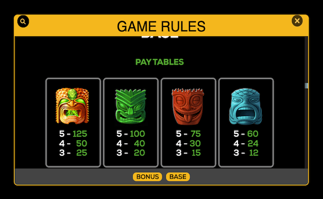 tiki idol base paytable