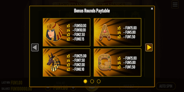 Egyptian Treasures bonus rounds paytable