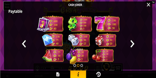 cash joker paytable