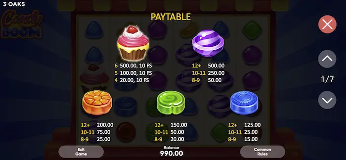 candy boom paytable